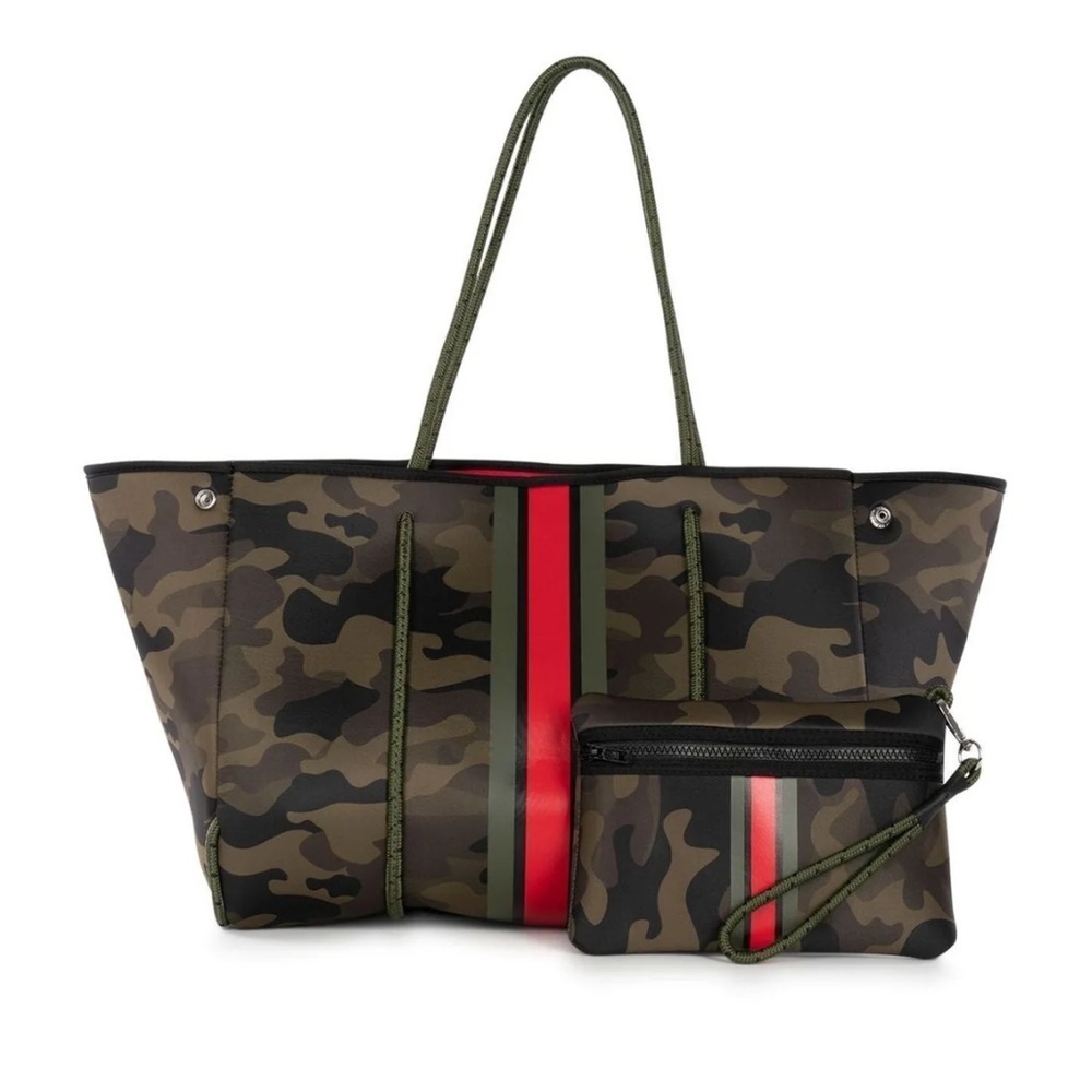 Haute Shore Greyson Soho Neoprene Tote Camouflage with Red stripe